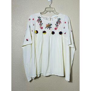 NWT Women's One Size Oversized Ivory Boho Blouse Pom Pom Embroidered XS-XXXL